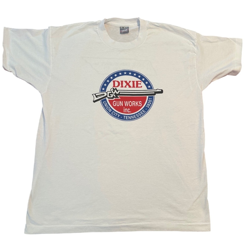 Vintage Dixie Gun Works T Shirt Mens Sz XL White Single Stitch Made in USA FOTL